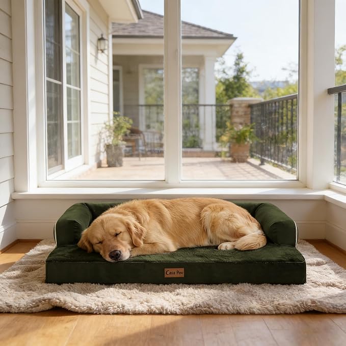 Casa Paw Orthopedic Dog Beds for Extra Large Dogs, Waterproof Egg Crate Foam XL Dog Bed with Sides 48x30Inch, Big Dogs Couch Beds with Removable Washable Cover and Nonskid Bottom, Olive Green
