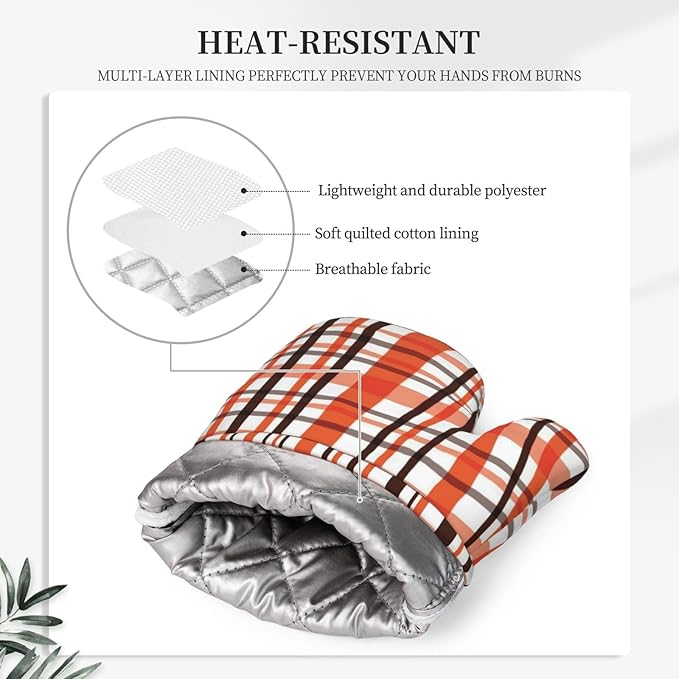 Orange Black Buffalo Plaid Fall Oven Mitts and Pot Holders Set, 4pcs Silicone Oven Glove for Kitchen Heat Resistant Oven Mitts and Potholders Non-Slip for Cooking