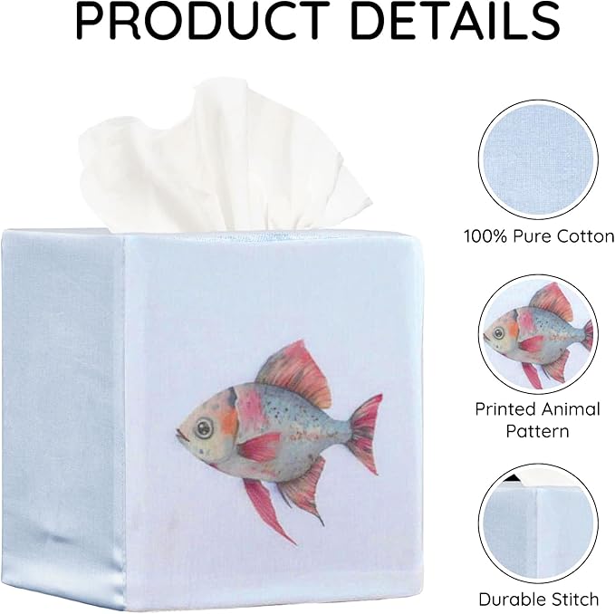 EmbroideryLinen.VN Tissue Box Cover Set of 2, Square Cotton Tissue Holder, Printed Animal Pattern, 4.5x4.5x5.5 Inches, Decorative Holder for Bathroom, Living Room, Office (Fish)