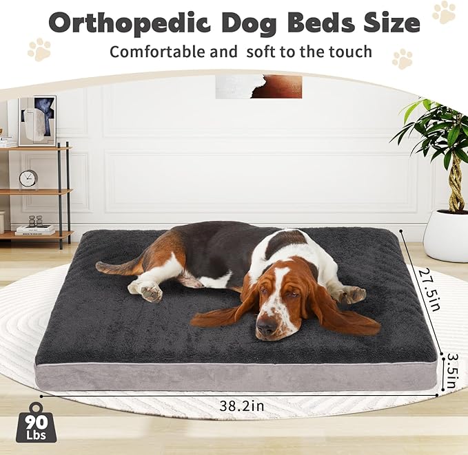 Dog Beds Waterproof Medium/Large Sized XL Foam Pet Beds Removable Washable Cover Dog Sofa Egg Crate Foam Support with Zipper Bottom Bolster Deluxe Plush Mat (Grey+38.2x27.5x3.5in)
