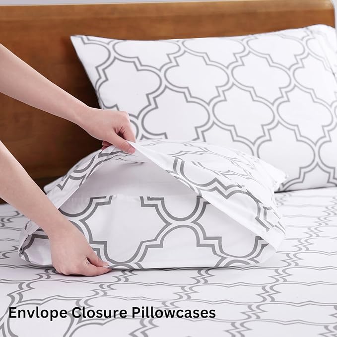 LANE LINEN 100% Organic Cotton Full Sheets Set Fully Elasticized Naturally Temperature Regulating Mercerized Cotton Printed Full Bedding & Pillowcases Set - Trellis