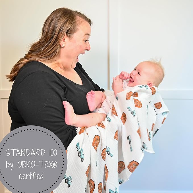 LollyBanks Swaddle Blanket, 100% Cotton Muslin Swaddle Blankets for Boys and Girls, Large 47 x 47 Inches Newborn Swaddles, Soft and Breathable Baby Blanket, Baby Essentials, Registry (Barn Print)