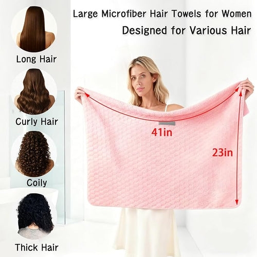 3 Pack Large Microfiber Hair Towels for Women , Super Absorbent Quick Dry Hair Wraps, 41x23 Inches with Elastic Strap, Anti-Frizz Hair Turban for Curly, Long , Thick Hair (Pink + White + Gray)