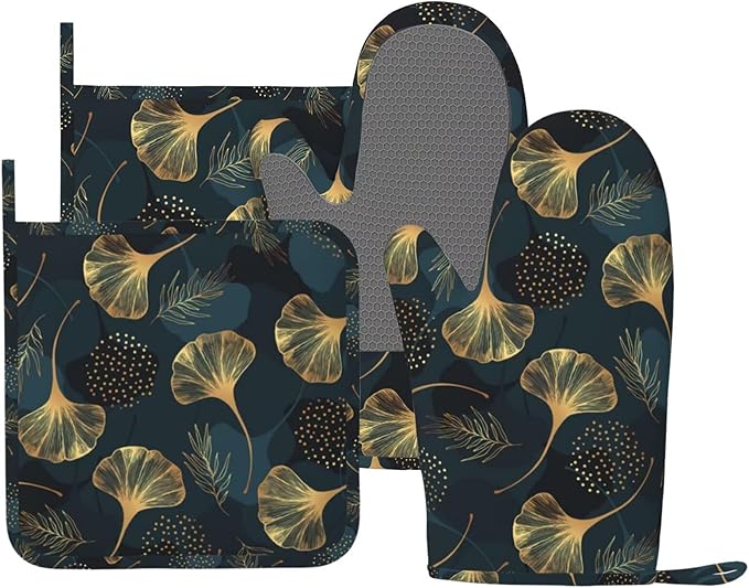 Leaves Vintage Floral Oven Mitts and Pot Holders Set of 4 Silicone Golden Gingko Leaf Kitchen Mitten Gloves and Green Leaves Potholders Set Heat Resistant Oven Gloves Hot Holders for Kitchen