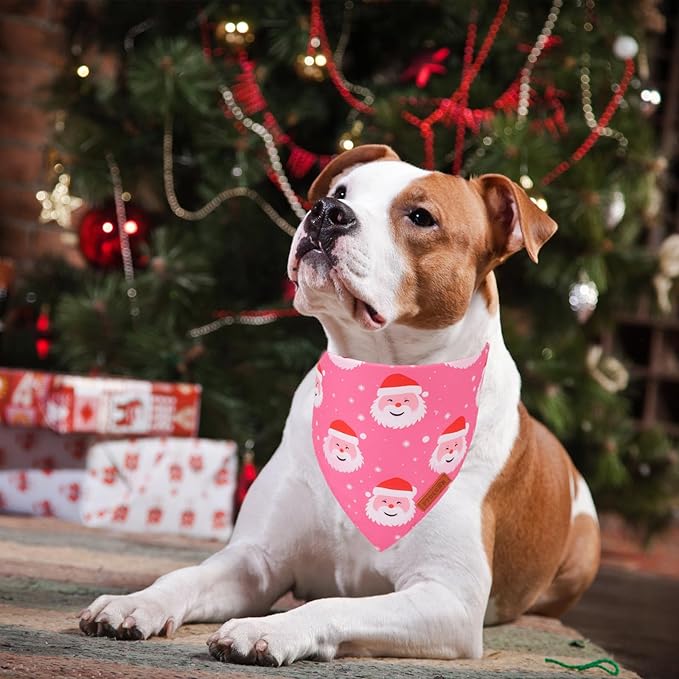 PTDECOR Christmas Dog Bandana,Xmas Pink Scarf Santa Deer Reversible Holiday Dog Scarf, Female Christmas Bandanas for Medium Large Dogs Pets (Large)