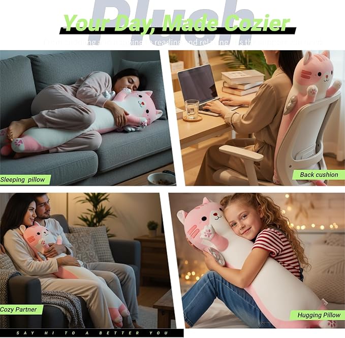 Kekeso Long Cat Plush Pillow, Cute Cat Stuffed Animal Body Pillow with Wings, Soft Kawaii Kitty Hugging Pillow, Christmas Valentine's Birthday Gift for Kids Girls Boys (Pink, 90cm/35.43in)