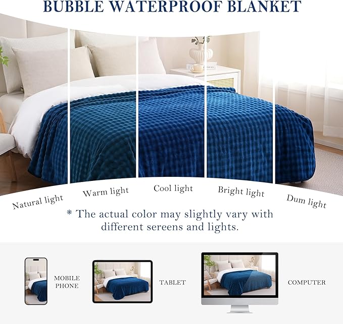 Yaning Waterproof Blanket for Bed Couch Sofa Car, Soft Leakproof Dog Blanket with 3D Bubble Pattern, Reversible Water Proof Pet Blankets for Dogs Cats Puppies (50"x60", Navy Blue)