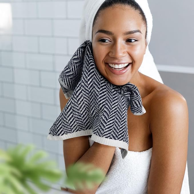 Cleanbear Wash Cloths for Showering with Striped Herringbone Patterns, 12 Cotton Washcloths for Bathroom, Large 13 X 13 Inches, Navy-Blue