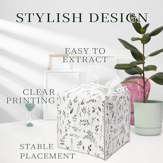 Sage Green Tissue Box Holder, Modern Leather Tissue Box Cover Square with Bottom Belt, Paper Napkins Everyday Dispenser Accessories for Bathroom Night Stands Kitchen Office Car Home Decor