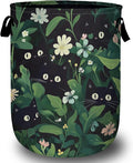Black Cat in Greenery Laundry Basket with Sturdy Handles, Cute Cat Leaves Flower Collapsible Oxford Cloth Laundry Hamper Organizer Basket for Bathroom Bedroom 15.7x20 Inch