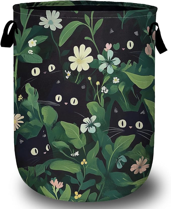 Black Cat in Greenery Laundry Basket with Sturdy Handles, Cute Cat Leaves Flower Collapsible Oxford Cloth Laundry Hamper Organizer Basket for Bathroom Bedroom 15.7x20 Inch