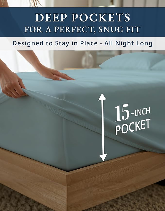 LANE LINEN 1000 Thread Count 100% Egyptian Cotton King Size Sheets – Silky Sateen Weave, Naturally Cooling & Durable, Ultra-Soft Luxury You Can Feel,15" Deep Pocket King Sheet Set – French Blue