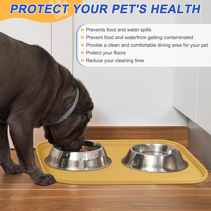 SMILOOL Silicone Pet Feeding Mat with Raised Edge for Food and Water, Dog Bowl Mats, Cat Bowls Placemat with High Lip for Floor Waterproof, Rubber Tray for Cats and Dogs 19 x 12 x0.7 Beige