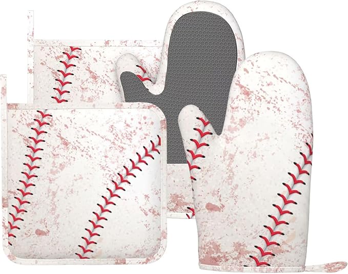 Sport Oven Mitts and Pot Holders Set of 4 Silicone Sports White and Red Baseball Laces Kitchen Mitten Gloves and Non-Slip Potholders Set Heat Resistant Oven Gloves Hot Holders for Kitchen