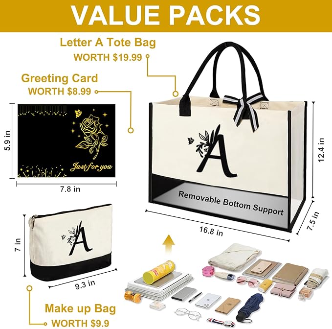 Personalized Gifts for Women - Initial Canvas Tote Bag & Makeup Bag, Custom Bags for Beach, Christmas, Wedding, Birthday, Holiday, Monogram Birthday Gifts for Women, Mom, Wife, Teacher, Friend - A