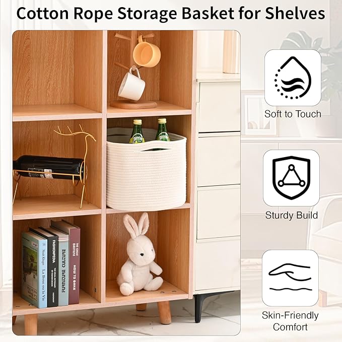ICERZCZ Woven Cotton Rope Storage Basket for Organizing, Cute Decorative Baskets for Gifts Empty, Organizer Bins for Dog Toy, Baby Laundry, 17“×13”×9.5“, Off White