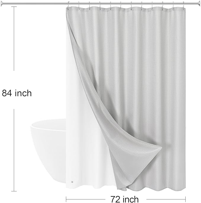 Craidlela 3 in 1 Extra Long Light Grey Shower Curtain Set-72 W x 84 H, Modern Waffle and PEVA Liner Set with 12 Stainless Steel Hooks, Waterproof Fabric for Bathroom