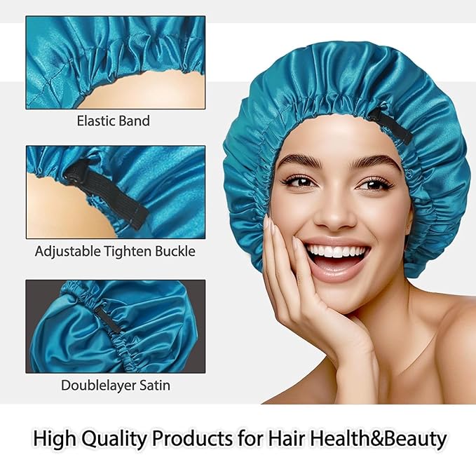 Netcken Large Microfiber Hair Towel Wrap & Satin Bonnet Set for Women, Ultra Absorbent Turban 24x42 Inches & Adjustable Night Cap for Curly Hair, Prevents Frizz & Breakage, Stocking Stuffers