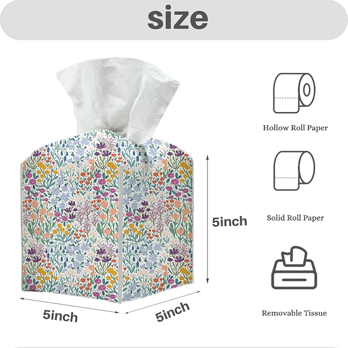 Tissue Box Cover, Tissue Box Holder, Square with Belt Bottom, PU Leather Decorative Organizer for Desk, Tabletop, Countertop Bathroom, Toilet Car, Office, Dresser Bedside, Aesthetic Wildflowers Decor