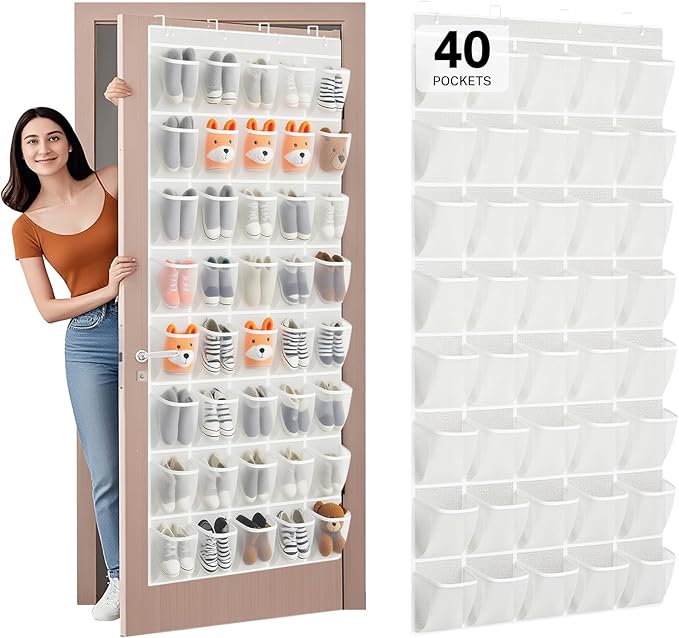 Hualleko 40-Pocket Over the Door Shoe Organizer - Large Mesh Pocket Hanging Shoe Rack for Door, Shoes Storage Holder Sturdy Non-woven Fabric - Stores 20 Pairs (White02)