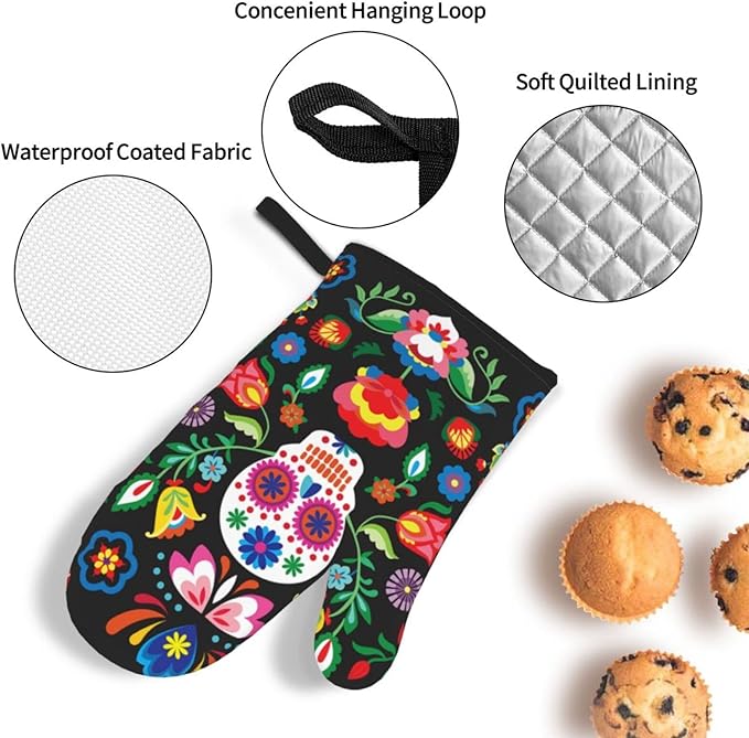 Mexican Skull Skeleton Floral Oven Mitts and Pot Holders Set of 4, Oven Mittens and Potholders Heat Resistant Gloves for Kitchen Cooking Baking Grilling BBQ