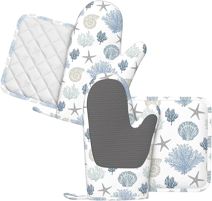 Nautical Beach Oven Mitts and Pot Holders Set, 4pcs Silicone Coastal Coral Starfish Oven Glove for Kitchen Heat Resistant Ocean Oven Mitts and Non-Slip Potholders Blue Grey White