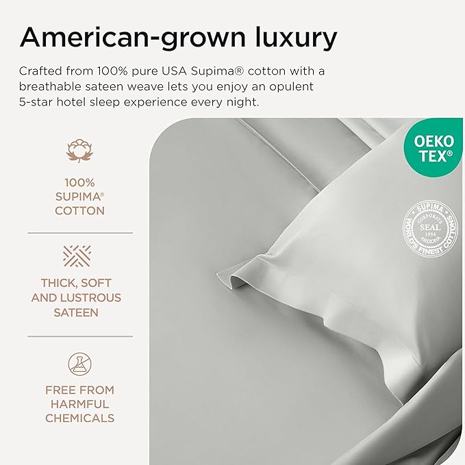Threadmill Supima Cotton Sheets, 1000 Thread Count Soft 100% Cotton Sheets for Cal King Size Bed, 4 Pc Light Grey Cal King Bed Sheet Set, 5-Star Hotel Quality, Elasticized Deep Pocket Cal King Sheet