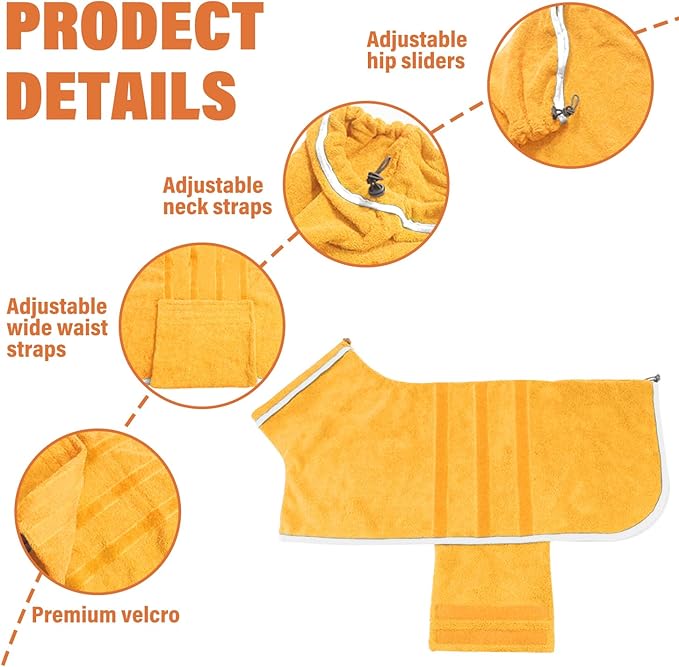 HhiMyOct Dog Robe - Fast Drying Towel - Microfiber Super Absorbent Pet Bathrobe, Adjustable Collar & Belly Strap (Yellow, XXX-Large)