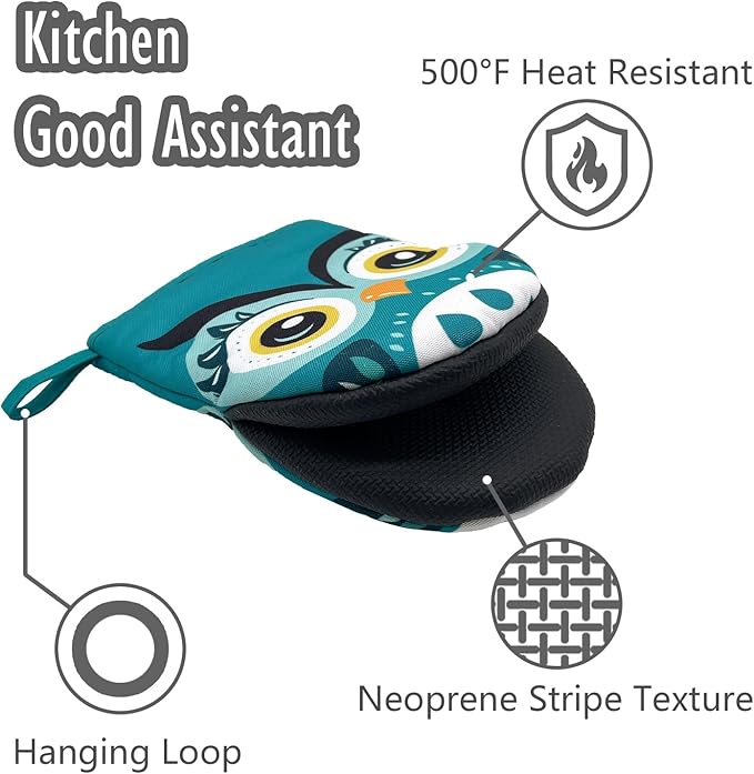 Owl Cute Green Teal Mini Silicone Oven Mitts, Heat Slip Resistant Kitchen Gloves 2-Pack Set, Soft Short Small Oven Mittens Pot Holders for Baking Grilling Barbecue Microwave Gift