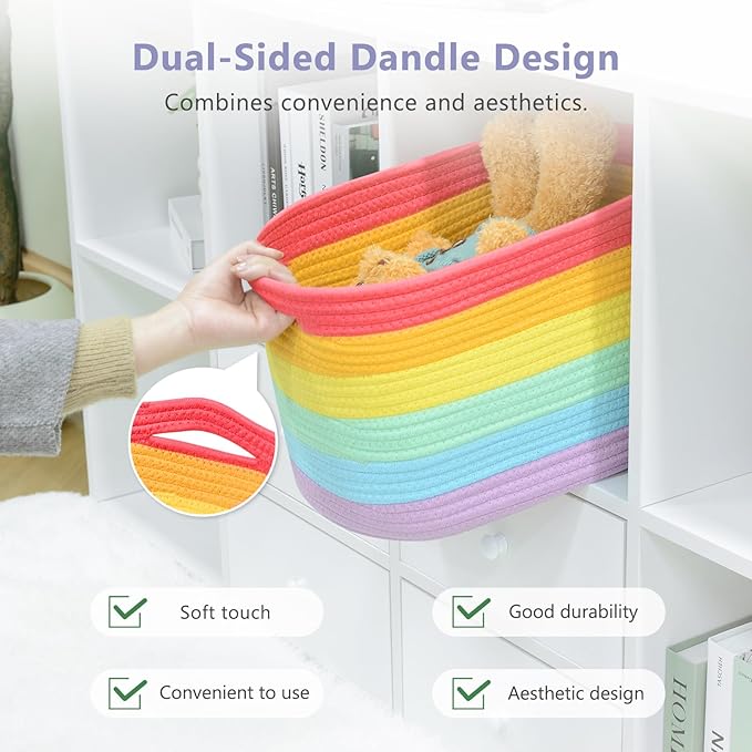 ECDYQXVU Cotton Rope Storage Basket, 15x10x9 Inches, Woven Basket for Shelves, Clothes, Towels, Books, and Laundry, Rainbow (3 Pack)