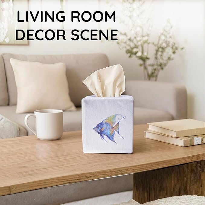 EmbroideryLinen.VN Tissue Box Cover Set of 2, Square Linen Tissue Holder, Printed Animal Pattern, 4.5x4.5x5.5 Inches, Decorative Holder for Bathroom, Living Room, Office (Fish)