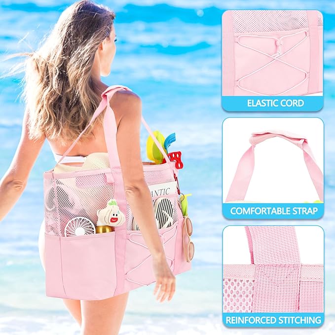 Fammart Mesh Beach Bag, Large Beach Tote with Zipper Pocket for Family Pool Bag for Toys & Vacation Essentials