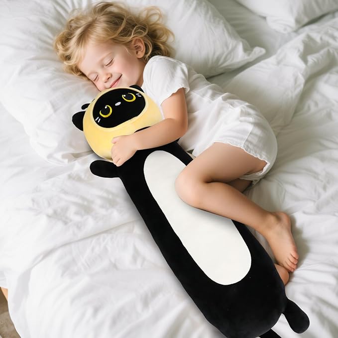 HAIJUNYA 22 inch Bee Black Cat Long Plush Body Pillow Toy, Kitten Plushies with Stuffy Honeybee Oufit Big Stuffed Animals Gfit for Kids Boys Girls, Birthday, Halloween, Christmas