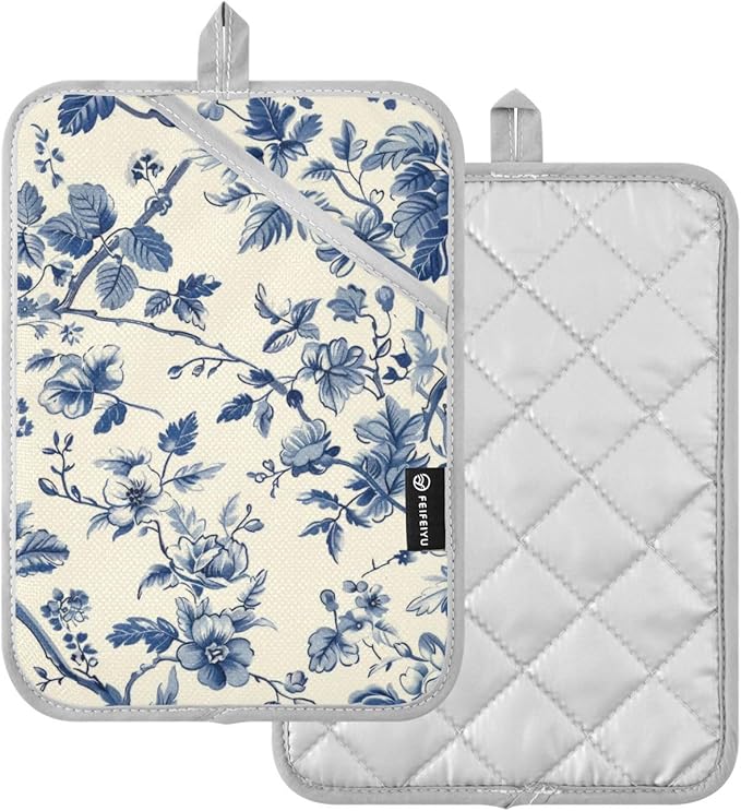 Pot Holders Set of 2 Blue White Chinoiserie Floral Hot Pads for Kitchen Heat Resistant Potholders Sets for Kitchen and Baking 7x9.8in