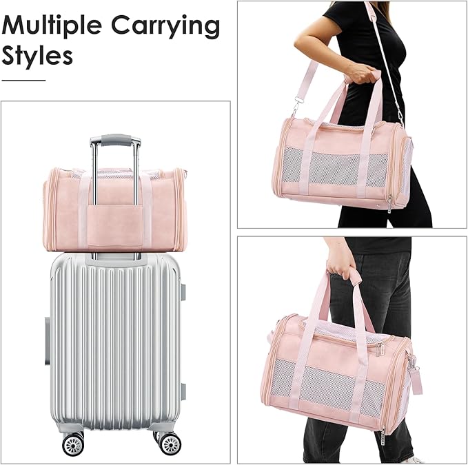 Monanller Fashion Leather Dog Carrier, Airline Approved Cat Carrier Soft Sided Pet Bag Carrier Purse for Puppy Kitten Small Animals Pink