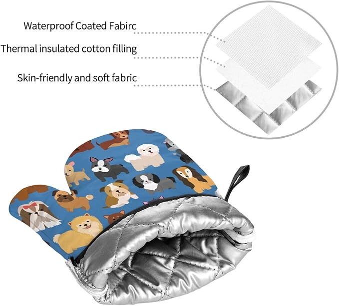 Cute Dogs Blue Oven Mitts and Pot Holders 4 Pcs Set Puppy Animals Oven Gloves and Potholders for Cooking Microwave BBQ Baking Grilling