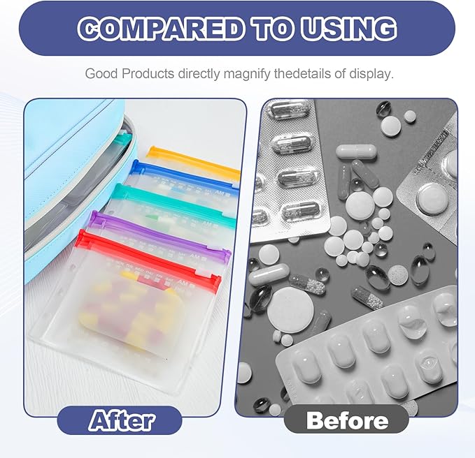 Weekly Pill Organizer 2 Times a Day - Timueetech A6 Waterproof 14 Pill Pouch Bags for Travel, BPA-Free Medicine Storage with Labels & Self-Sealing Design for Vitamins and Supplements, Blue