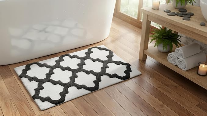 C23 Luxury Trellis Bath Rug Set of 2 (White & Grey) 20"x32" & 16"x24" | 2200 GSM Ultra-Thick High-Density Plush | Decorative Non-Slip Bathroom Mats | Hotel Quality, Machine Washable