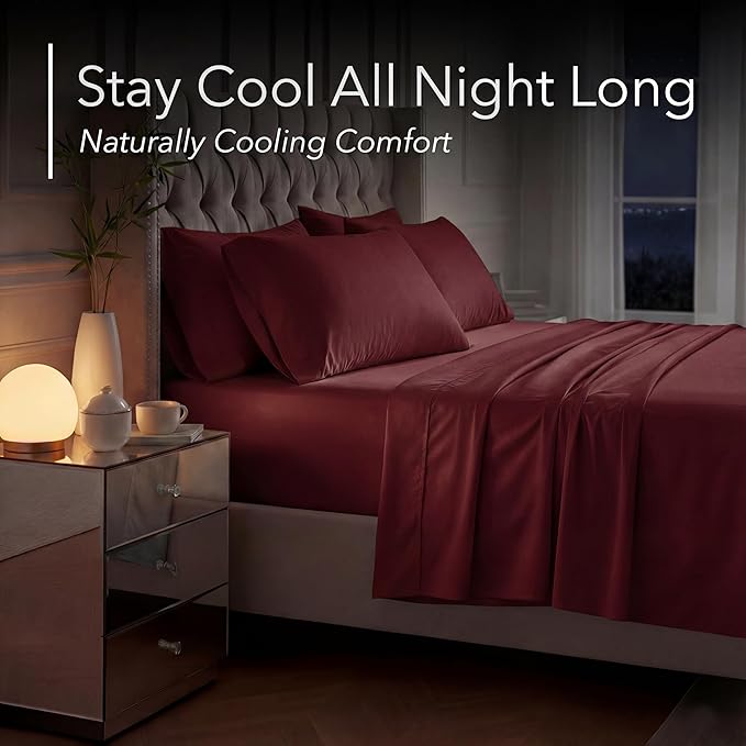 DECOLURE 100% Viscose Derived from Bamboo Sheets King Size - Luxury 6 Pc Naturally Cooling Sheets, Ultra Soft Bed Set - Deep 17" Pockets, Durable Double Stitching, Oeko Tex Standard (Burgundy)