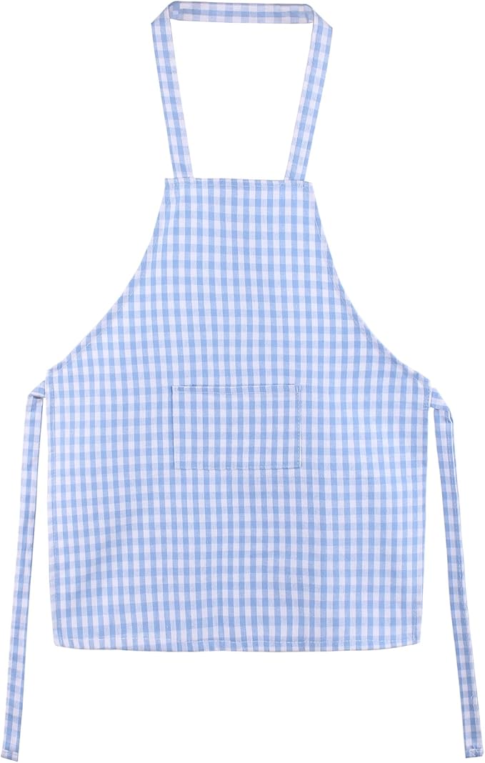 Jennice House Kids Aprons - Pure Cotton Gingham Aprons with Pocket and Adjustable Neck Strap, Painting Apron, Baby Chef Apron (Blue, S)