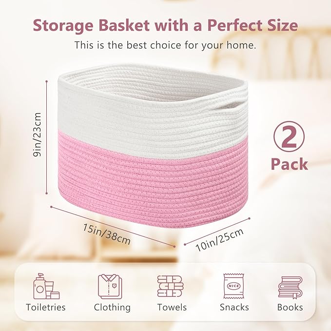 ECDYQXVU Cotton Rope Shelf Storage Basket, 15x10x9 in, Shelf Storage Baskets for Clothes, Towels, Books, Laundry (White/Pink, 2 Pack)