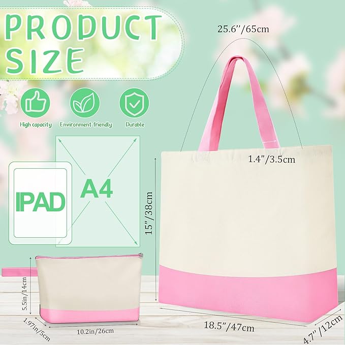 Sanwuta Canvas Tote Bags Bulk with Zipper Cosmetic Pouch 18.5" Reusable Cotton Shopping Bag with Handle for DIY Craft