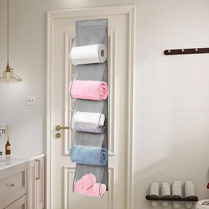 TEMUORG 2 Pack Over the Door Hanging Vinyl Organizer Embroidery Stabilizer Holder Purse Storage for Closet Bath Towel Hanger Scarf Container 5 Large Pockets (One Side)