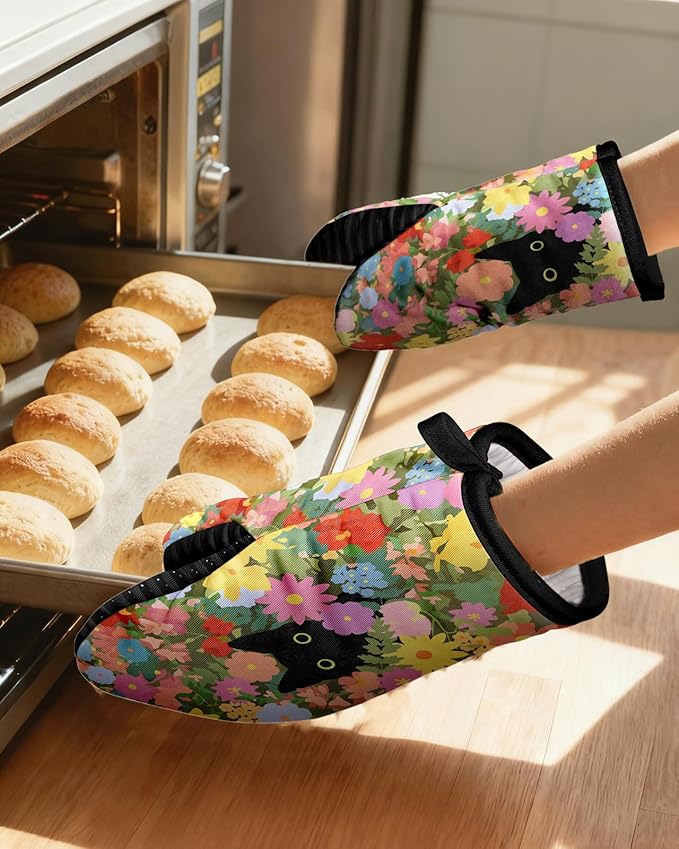 Slohif Cat Mini Oven Mitts Set – Black Extended Short Animal Heat Resistant Kitchen Gloves for Women, 100% Cotton Oven Mitts with Silicone Grips, Non-Slip and Thick Durable for Cooking & Baking