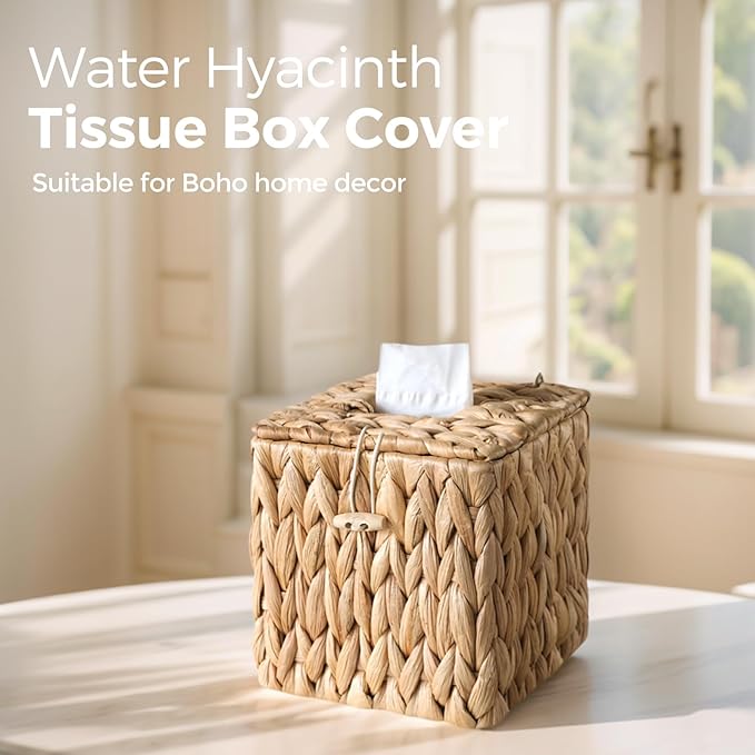 KALEKAIL Rattan Tissue Box Cover with Lid, Wicker Tissue Box Holder Square, Boho Decorative Woven Water Hyacinth Cube Tissue Holders for Bathroom