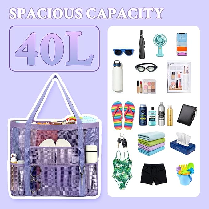 GYEUKHAM Mesh Beach Bag - Large Beach Tote Bag with Multiple Pockets for Family Beach Bag for Toys & Vacation Essentials