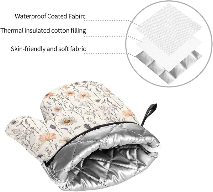 Oven Mitts and Pot Holders Sets of 4 Vintage Botanical Flower Leaf Kitchen Potholder Gloves Heat Resistant Non-Slip for Chef Baking Cooking Grilling BBQ Mittens