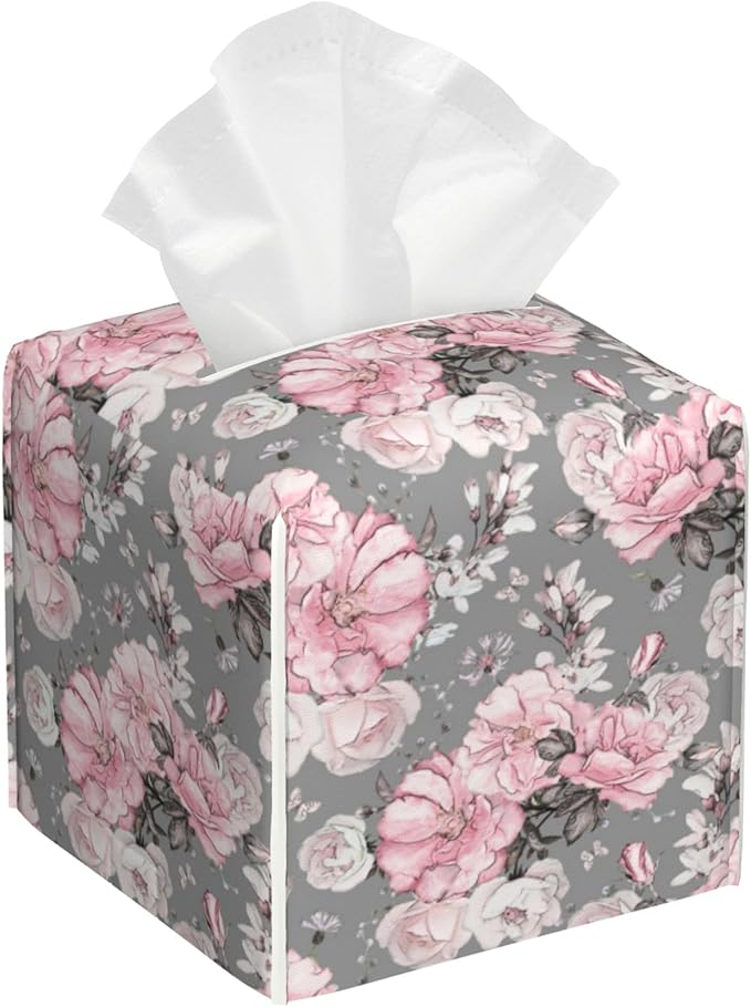 POIUBLE Tissue Box Holder Pink Flowers and Leaves Tissue Box Cover Square Leather Tissue Holder Organizer Portable Decorative Facial Paper Case for Home Office Bathroom Vanity Countertop