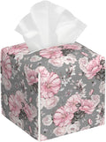 POIUBLE Tissue Box Holder Pink Flowers and Leaves Tissue Box Cover Square Leather Tissue Holder Organizer Portable Decorative Facial Paper Case for Home Office Bathroom Vanity Countertop