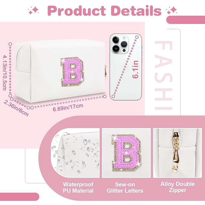 Small Initial Patch Makeup Bag Personalized Gifts Make Up Bag,White Cute PU Leather Glitter Letter Cosmetic Bag with Zipper,Trendy Portable Travel Toiletry Pouch,Preppy Stuff for Teen Girls Women B